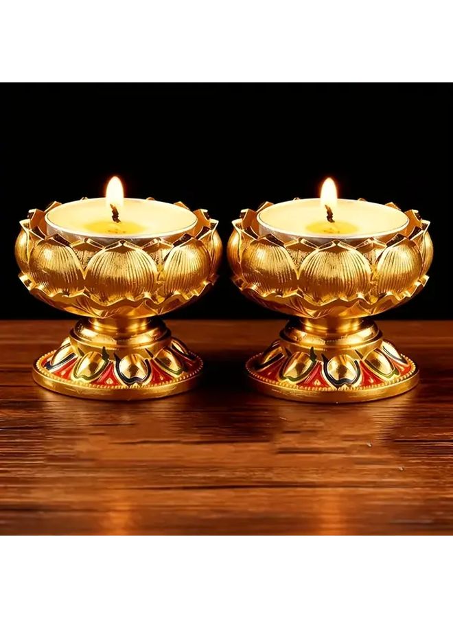 Golden Lotus Candle Holders Vintage Metal Floral Design for Home Weddings Diwali Christmas - Image 1